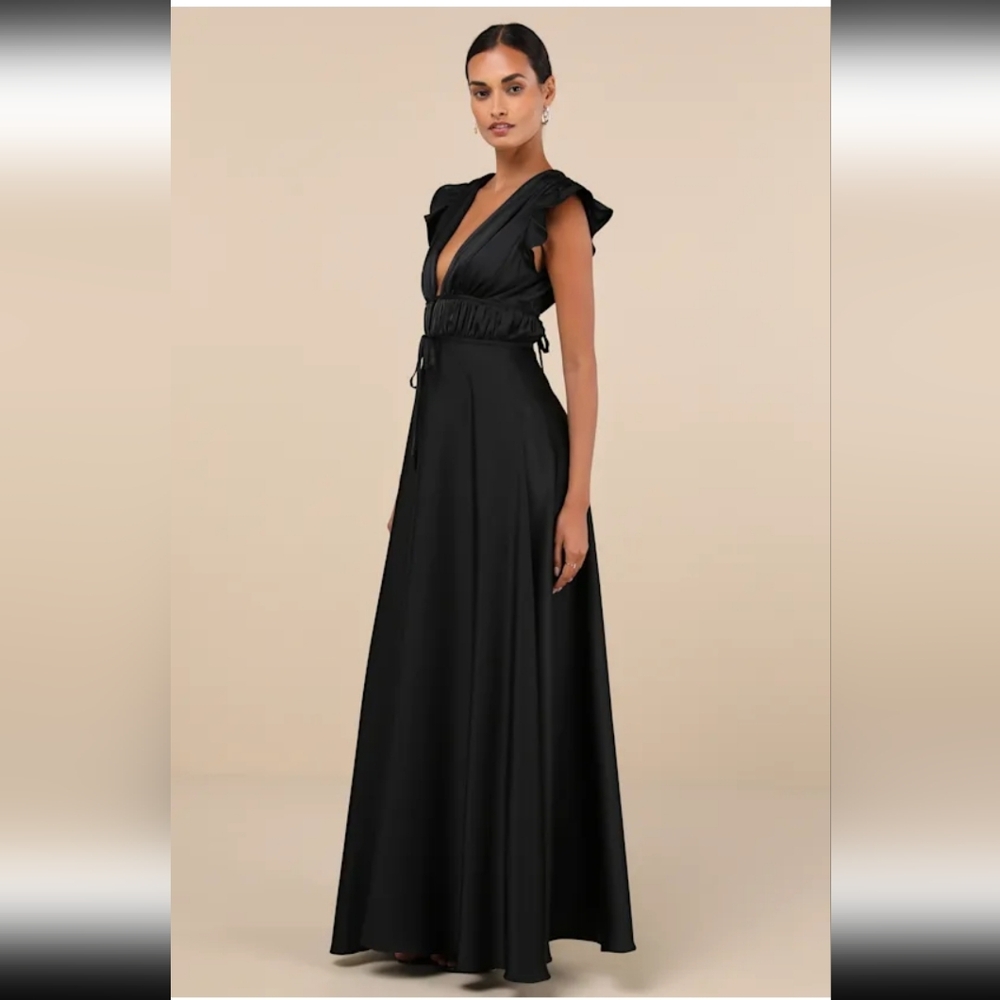 Lulus I'm All Yours Black Satin Cutout Ruffled Maxi Dress - Size XS